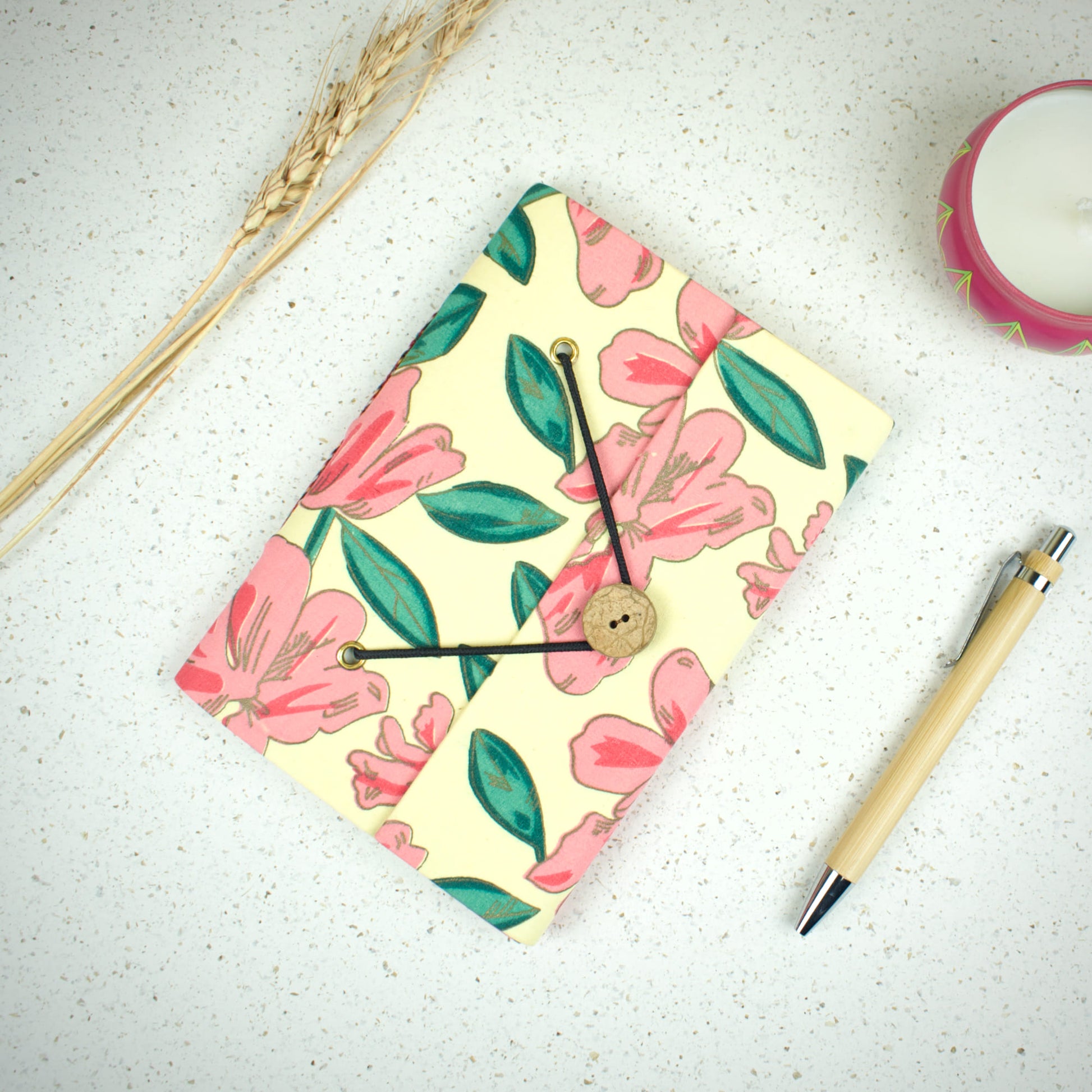 Floral Bloom Pink Diary styled flatlay with writing accessories