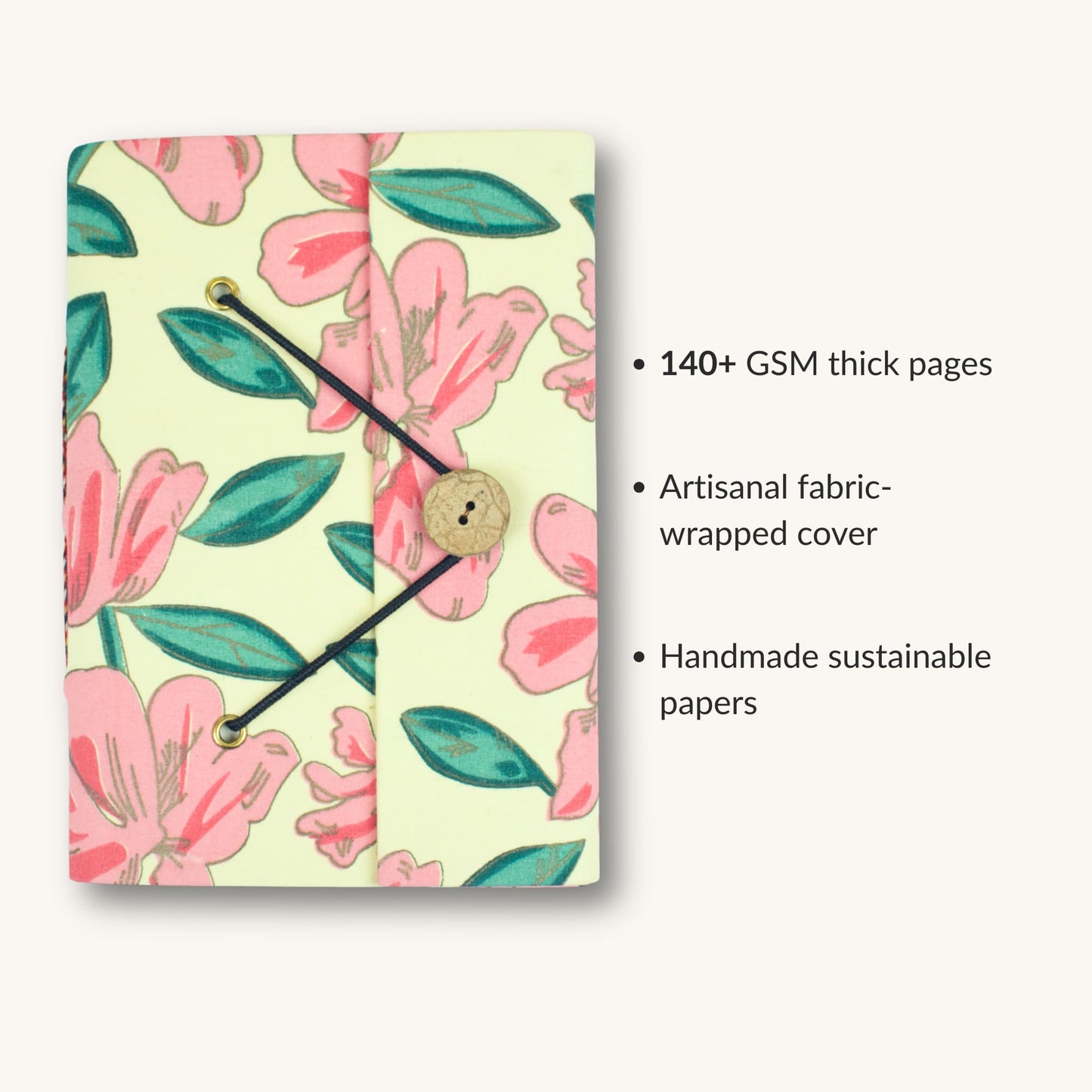 Floral Bloom Pink Diary showing fabric cover and handmade paper details