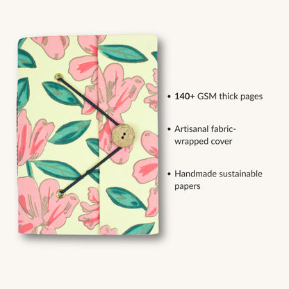 Floral Bloom Pink Diary showing fabric cover and handmade paper details
