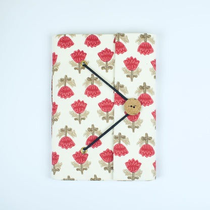 Block Print Red Diary, 5 by 7 inch handmade fabric cover – front cover view