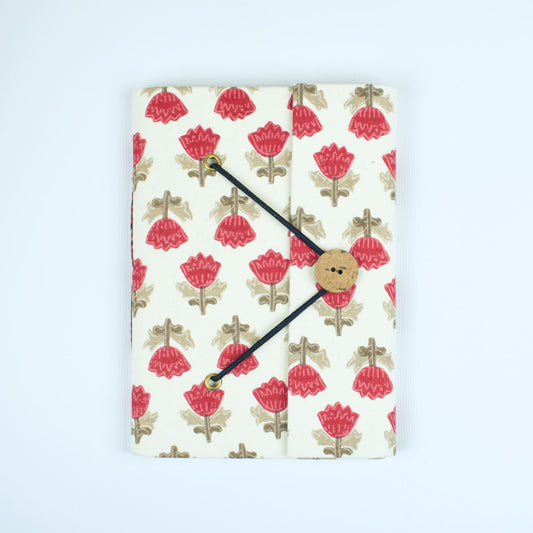 Block Print Red Diary, 5 by 7 inch handmade fabric cover – front cover view