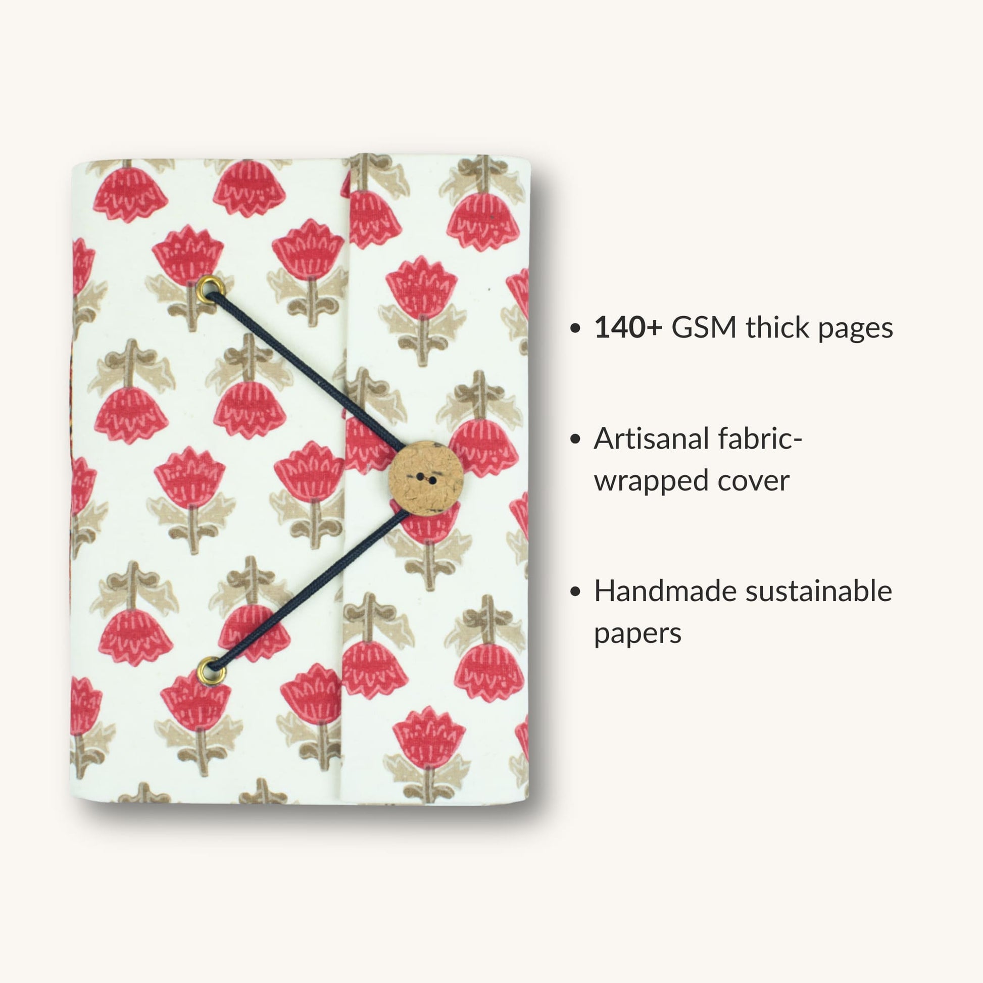 Block Print Red Diary showing fabric cover and handmade paper details