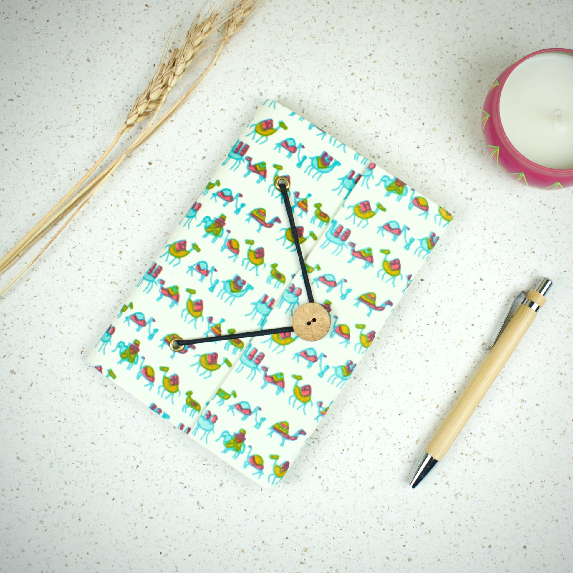 Illustration Blue Diary styled flatlay with writing accessories