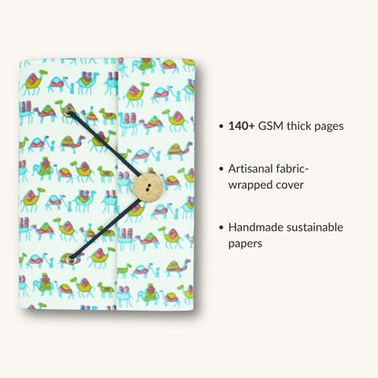 Illustration Blue Diary showing fabric cover and handmade paper details