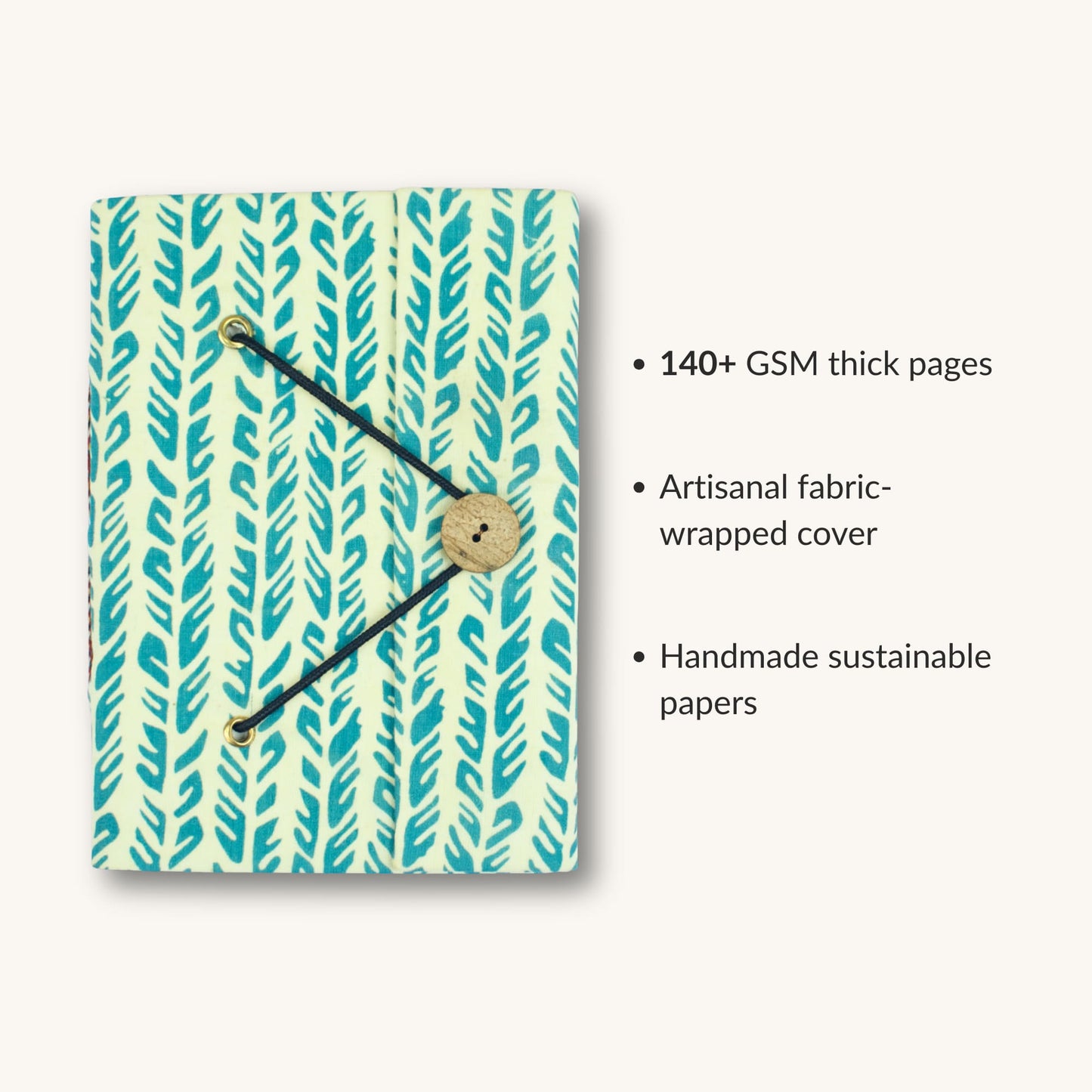 Leaf Stripe Green Diary showing fabric cover and handmade paper details
