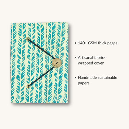 Leaf Stripe Green Diary showing fabric cover and handmade paper details