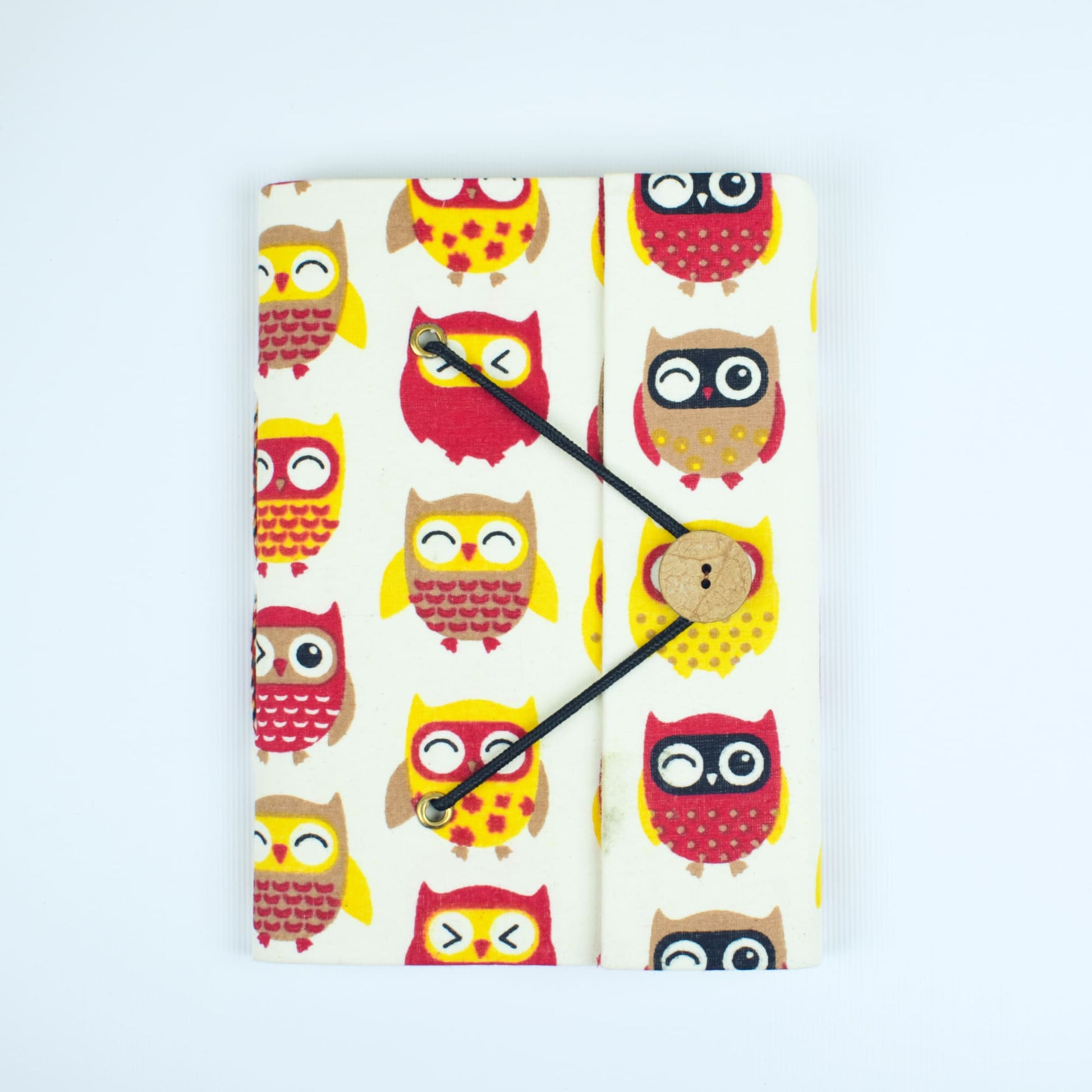 Owl Print Red Diary, 5 by 7 inch handmade fabric cover – front cover view
