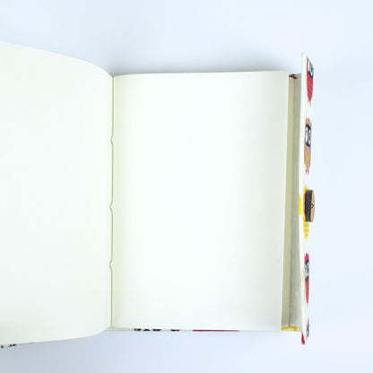 Owl Print Red Diary opened to show handmade paper pages