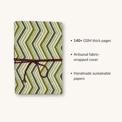Chevron Green Diary showing fabric cover and handmade paper details