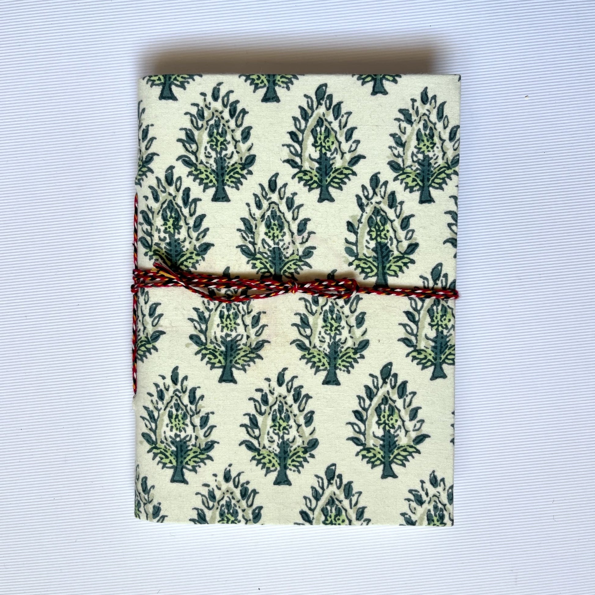 Tree Motif Green Diary, 4 by 6 inch handmade fabric cover – front cover view