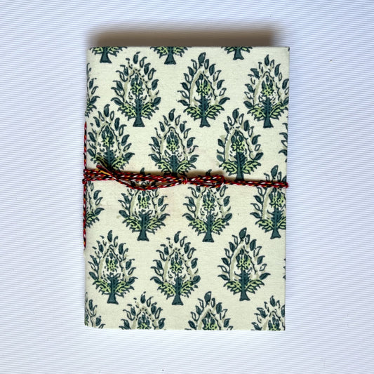 Tree Motif Green Diary, 4 by 6 inch handmade fabric cover – front cover view