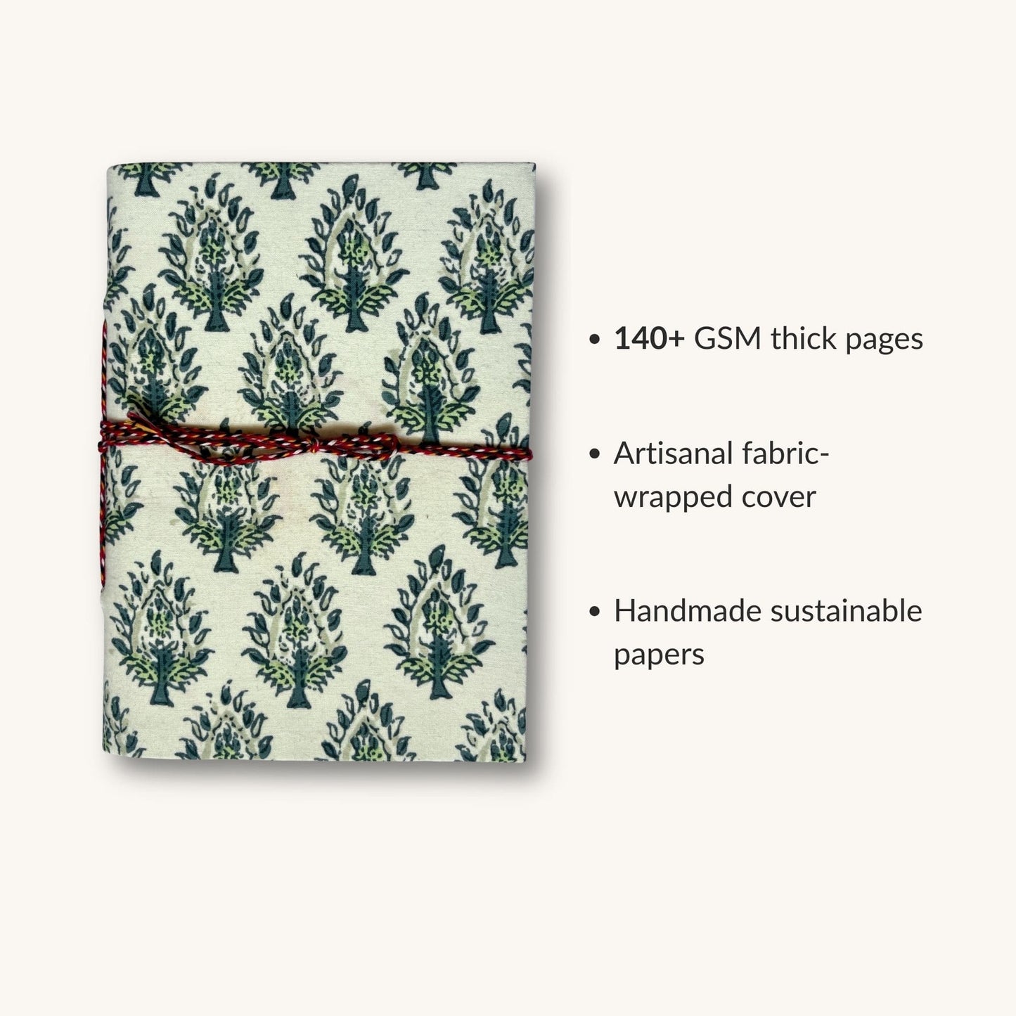 Tree Motif Green Diary showing fabric cover and handmade paper details