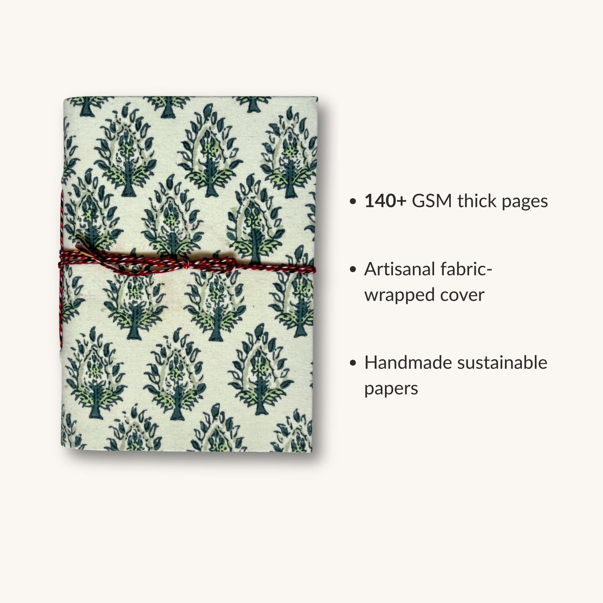 Tree Motif Green Diary showing fabric cover and handmade paper details