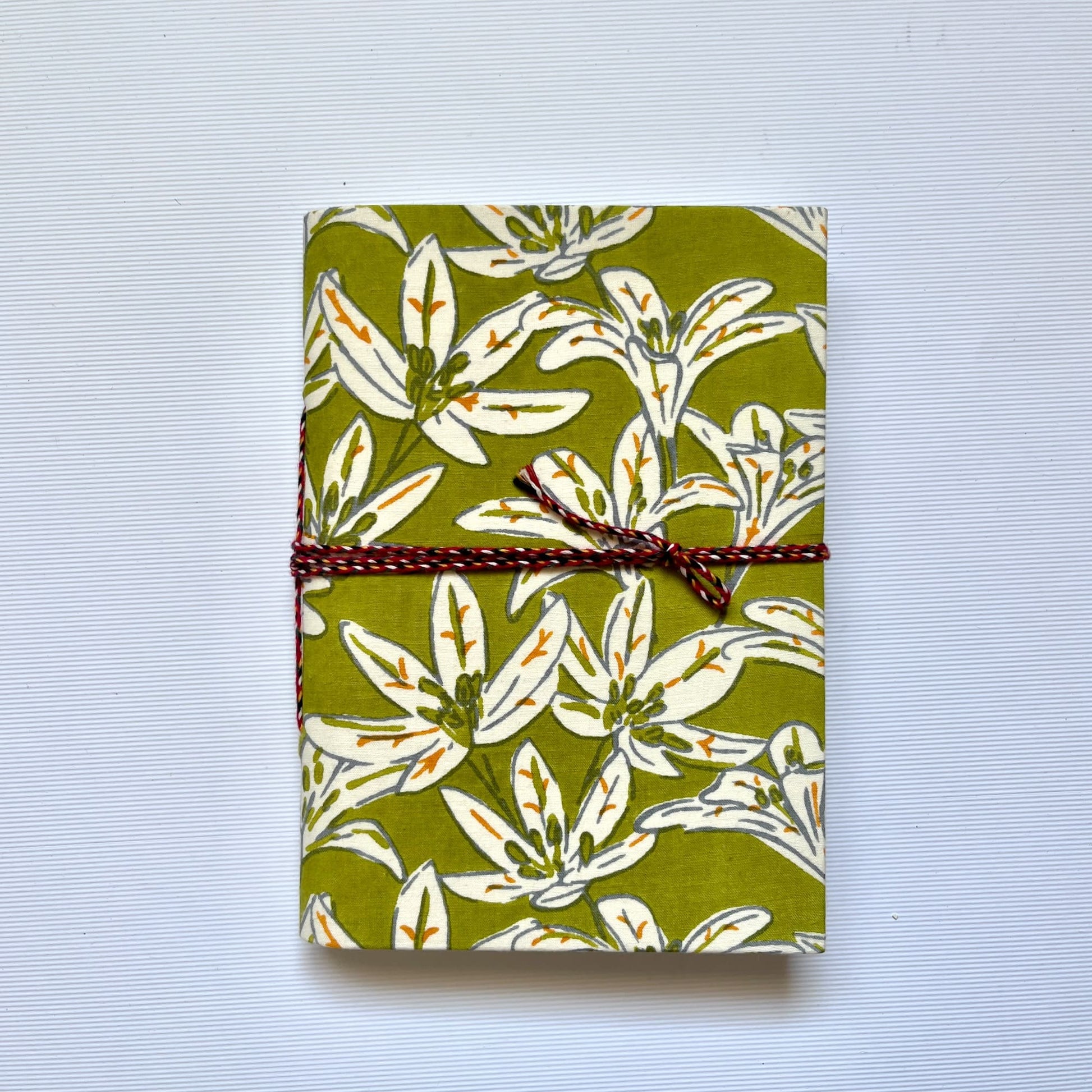 Lily Floral Green Diary, 5 by 7 inch handmade fabric cover – front cover view
