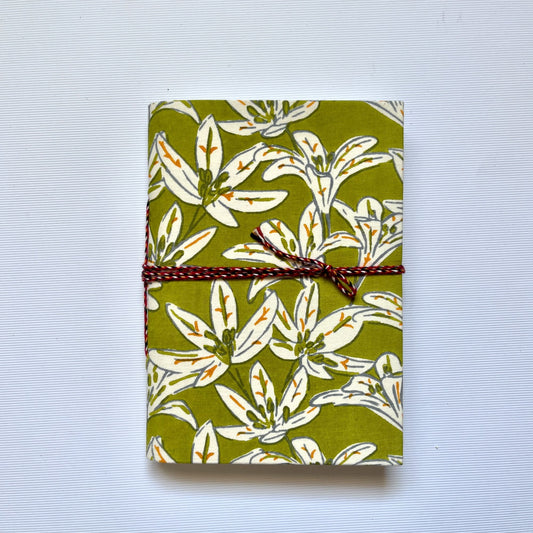 Lily Floral Green Diary, 5 by 7 inch handmade fabric cover – front cover view