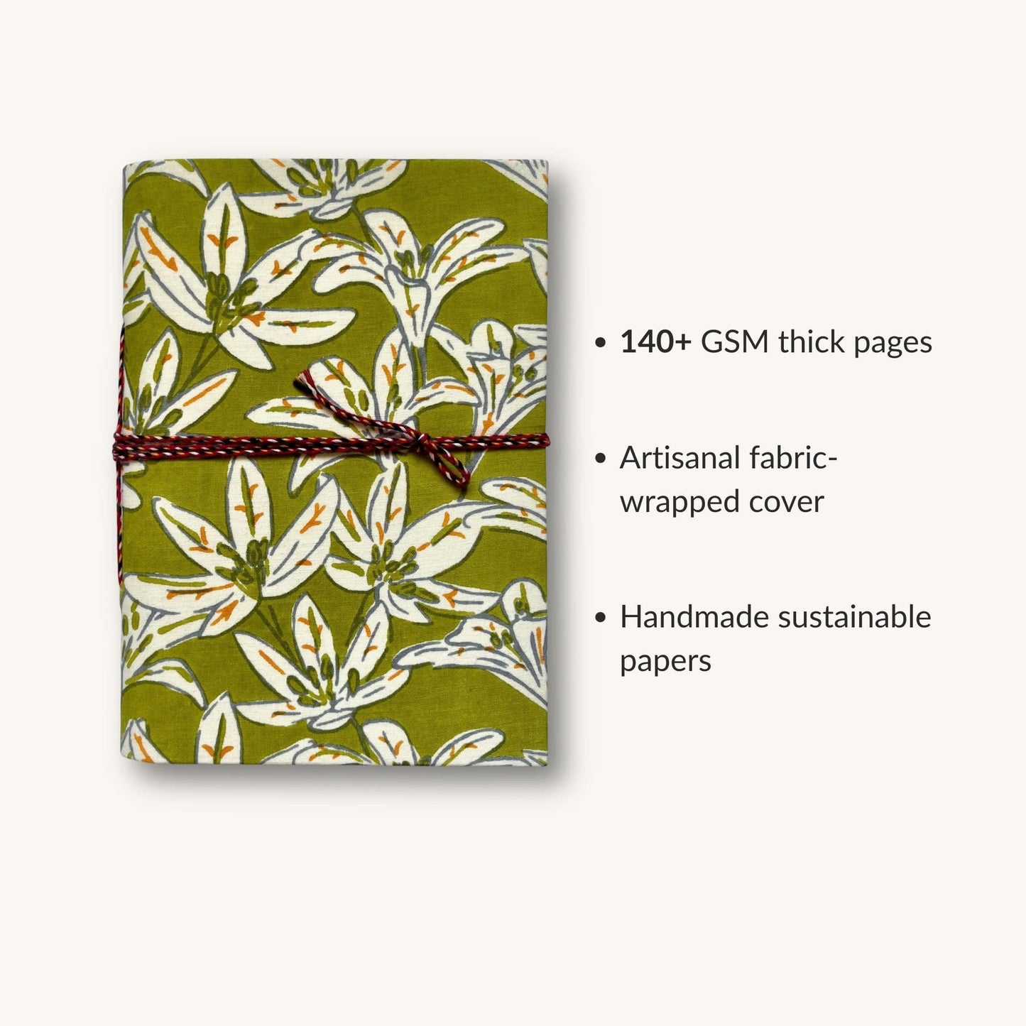 Lily Floral Green Diary showing fabric cover and handmade paper details