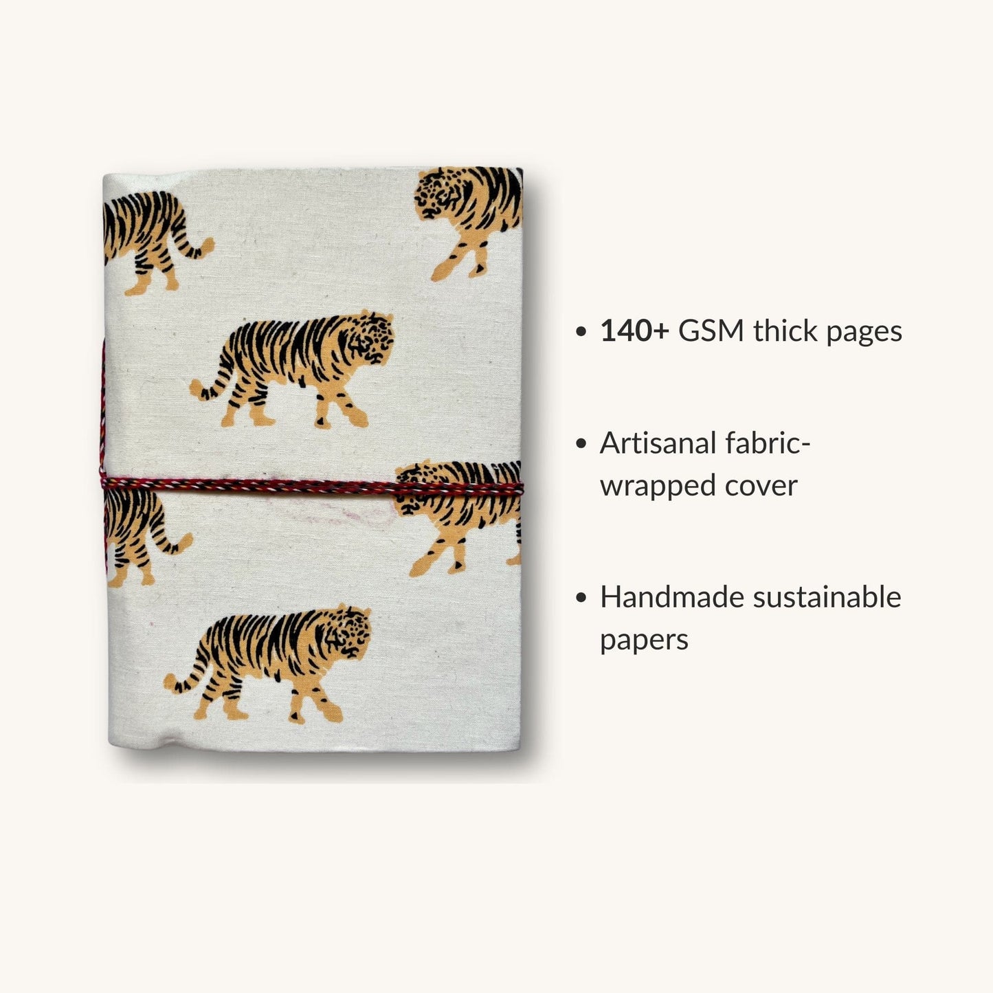 Tiger Print Yellow Diary showing fabric cover and handmade paper details