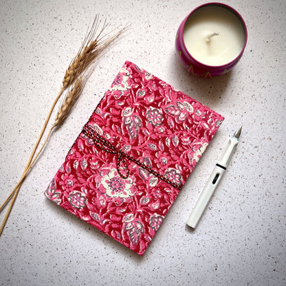 Floral Vine Pink Diary styled flatlay with writing accessories