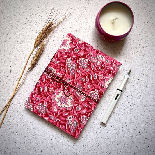 Floral Vine Pink Diary styled flatlay with writing accessories