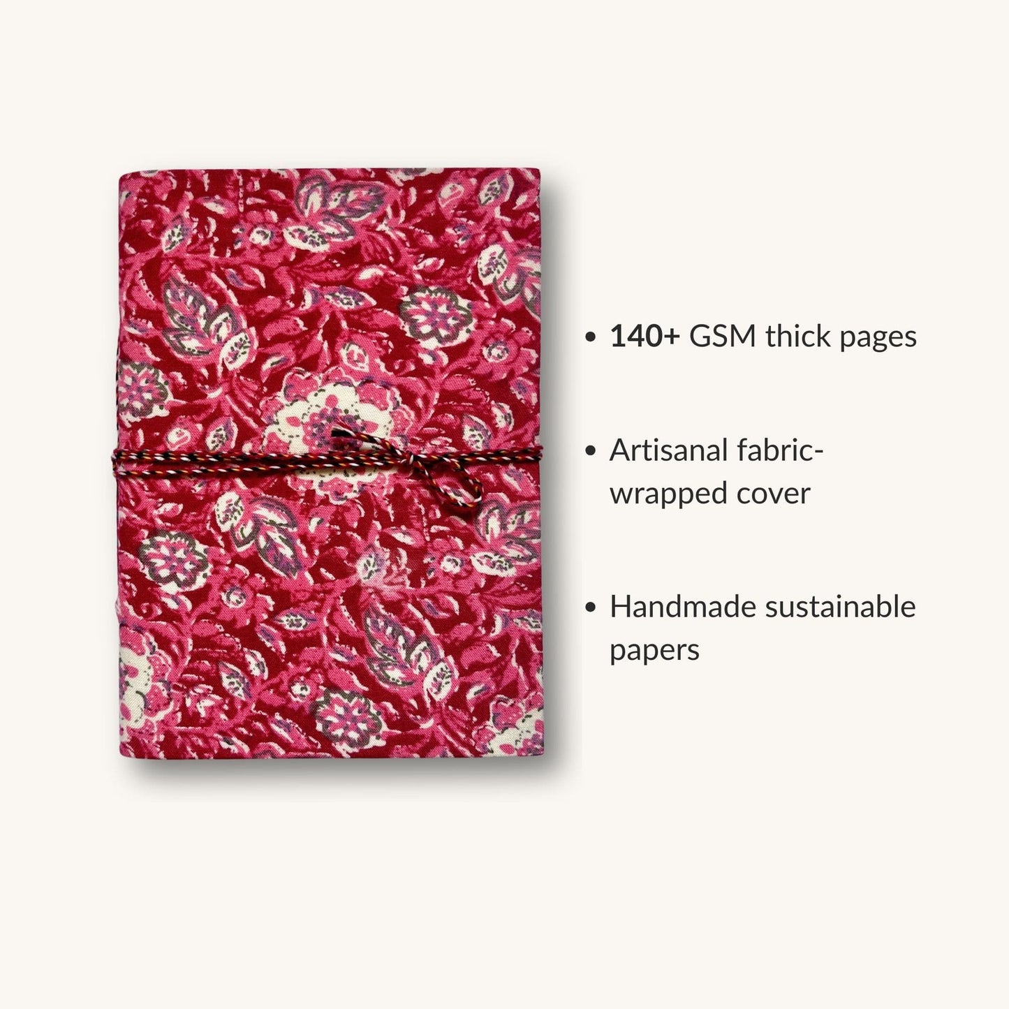 Floral Vine Pink Diary showing fabric cover and handmade paper details