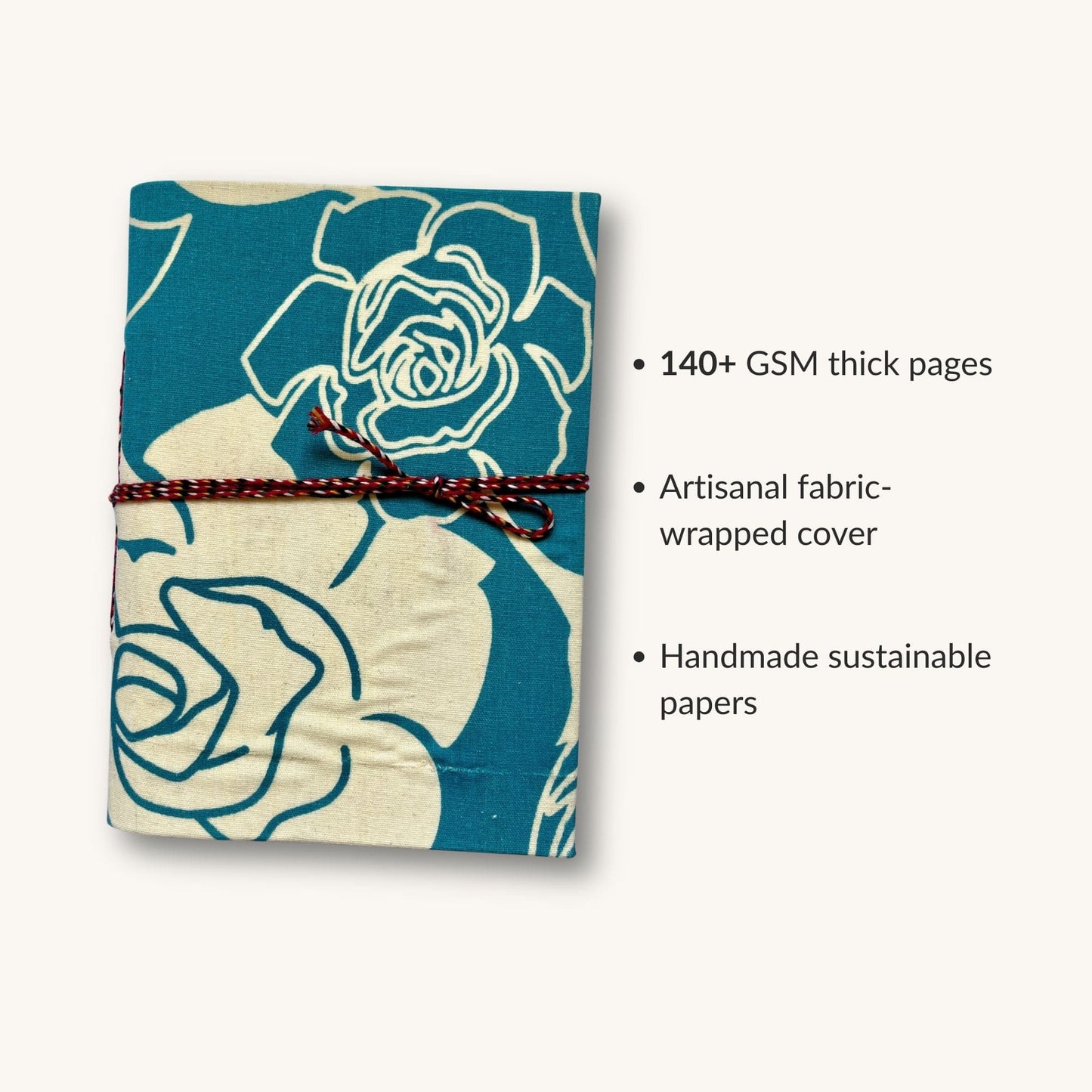 Rose Outline Blue Diary showing fabric cover and handmade paper details