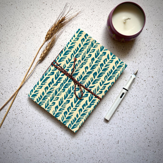 Leaf Stripe Green Diary styled flatlay with writing accessories
