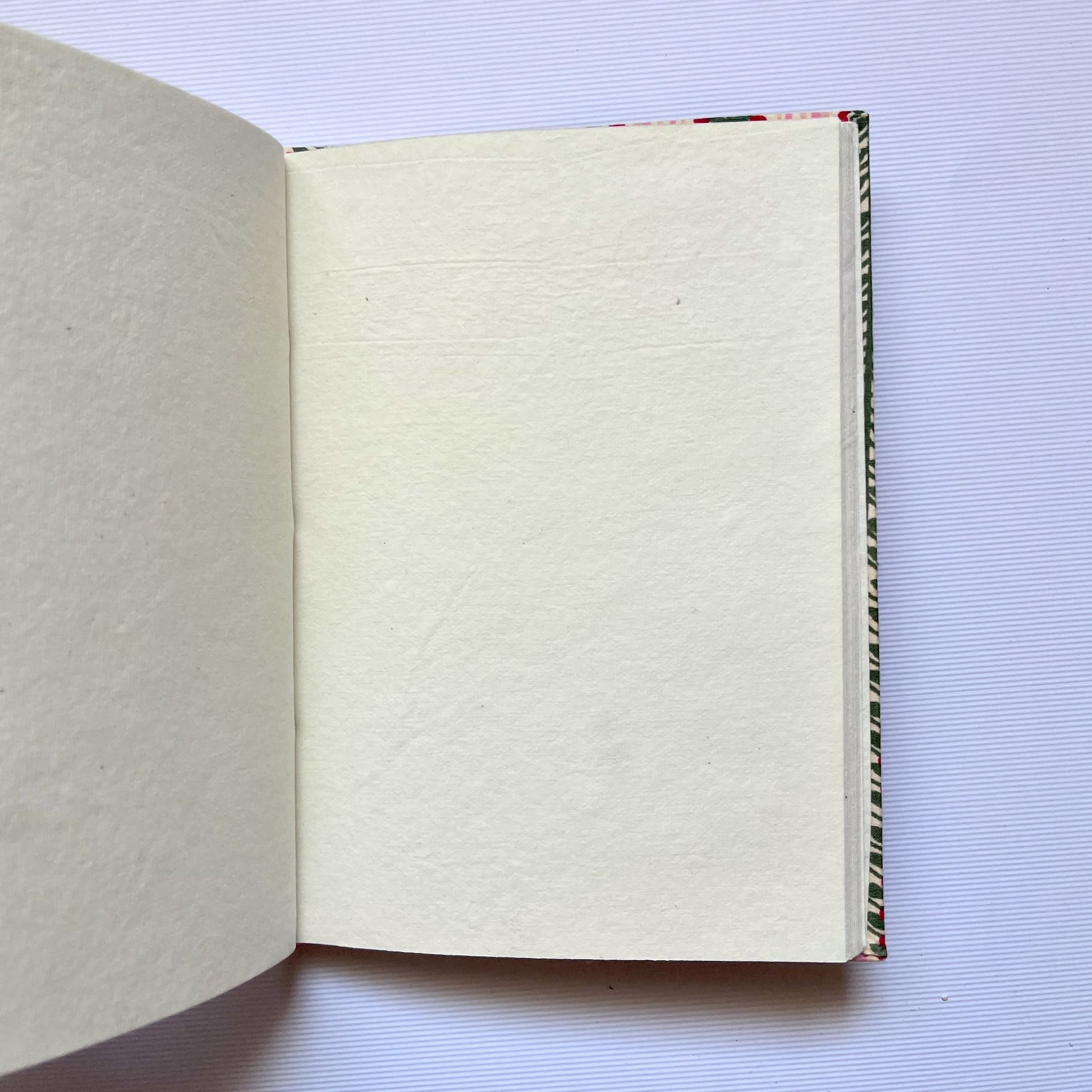 Leaf Stripe Green Diary opened to show handmade paper pages
