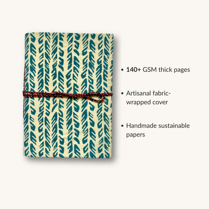 Leaf Stripe Green Diary showing fabric cover and handmade paper details