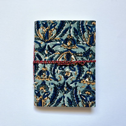Indigo Floral Blue Diary, 5 by 7 inch handmade fabric cover – front cover view