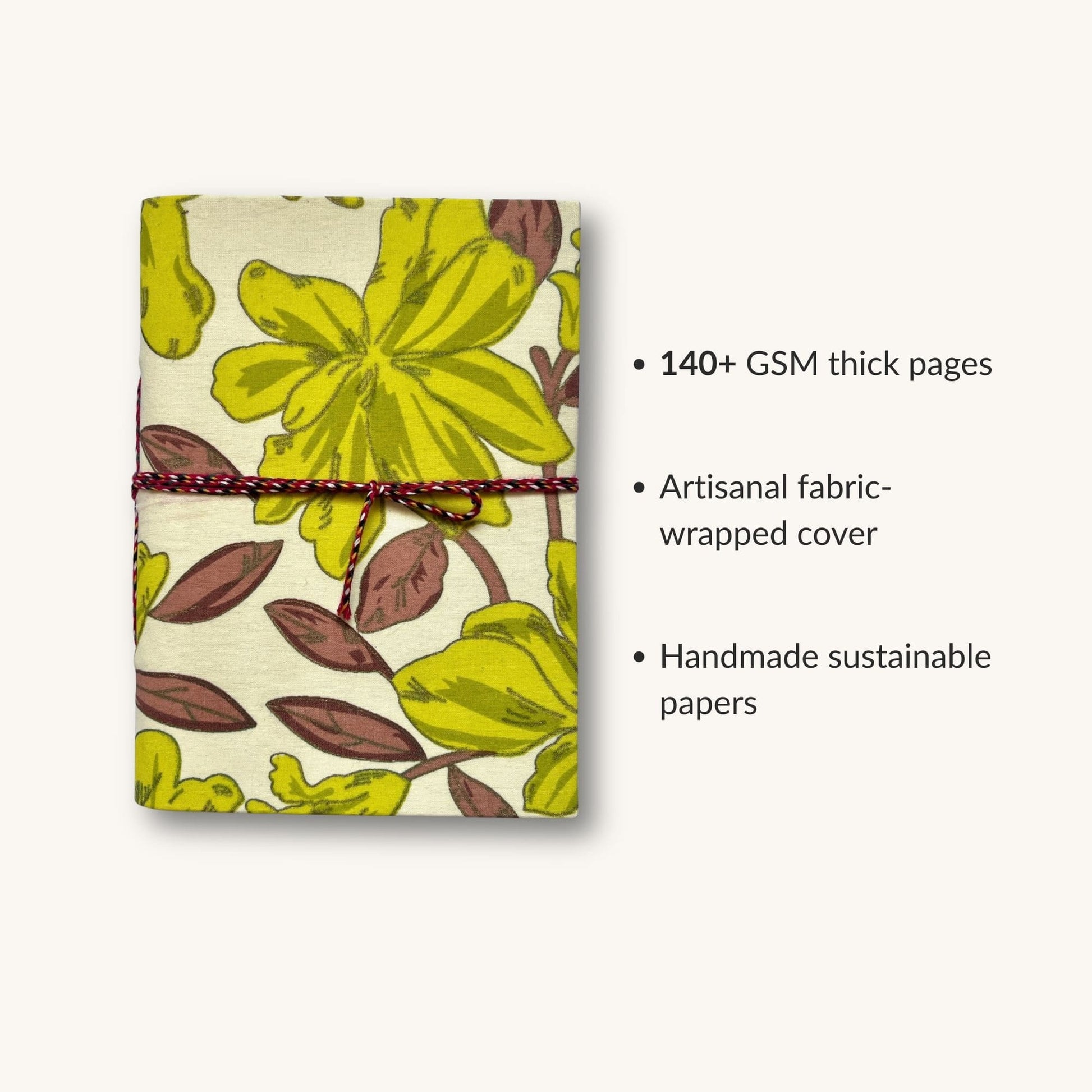 Large Floral Green Diary showing fabric cover and handmade paper details