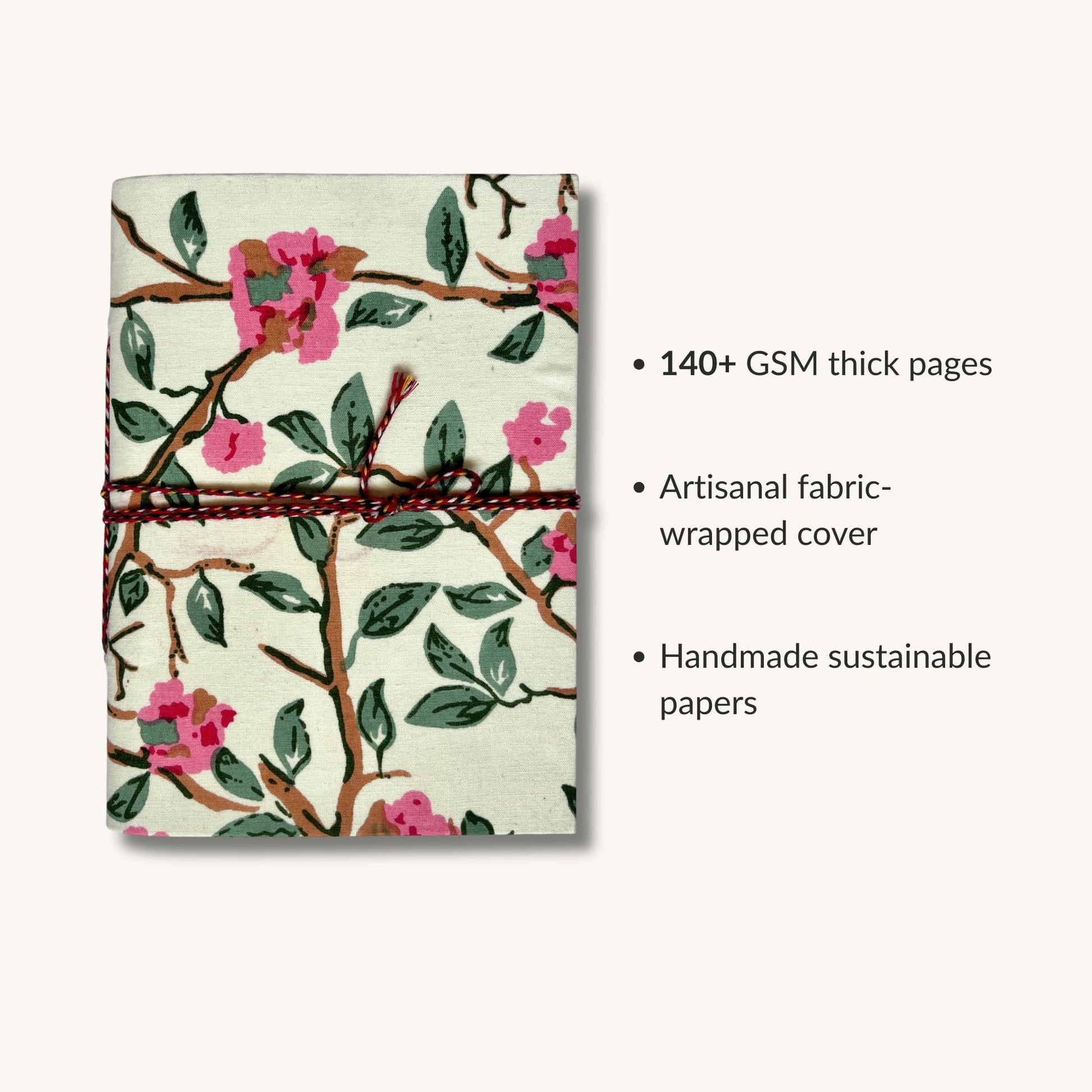 Blossom Branch Off White Diary showing fabric cover and handmade paper details