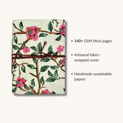Blossom Branch Off White Diary showing fabric cover and handmade paper details