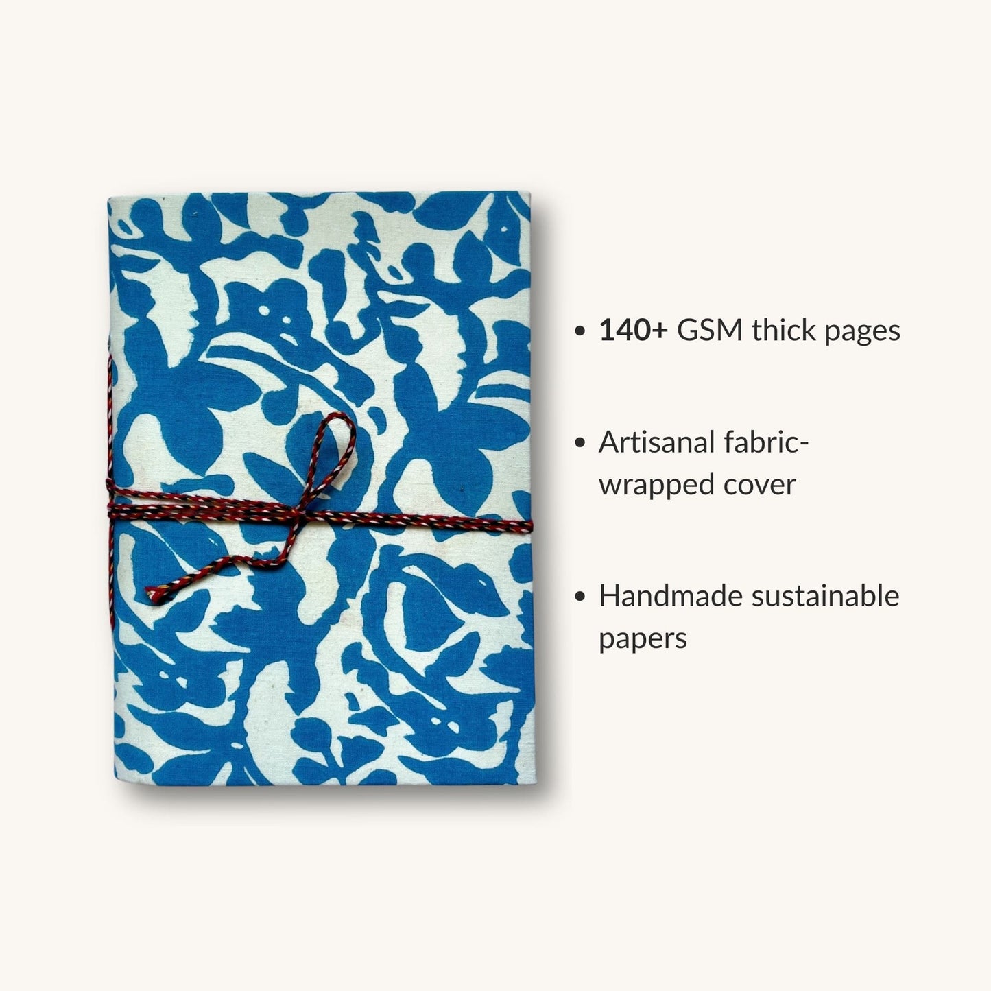 Bold Floral Blue Diary showing fabric cover and handmade paper details