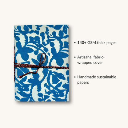 Bold Floral Blue Diary showing fabric cover and handmade paper details