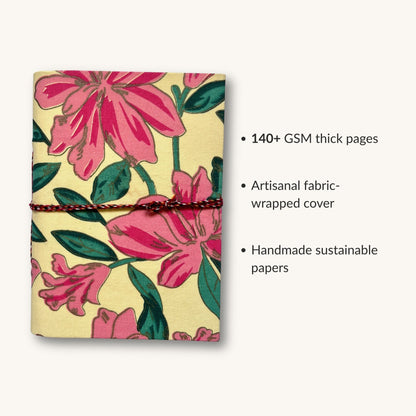 Magnolia Floral Pink Diary showing fabric cover and handmade paper details