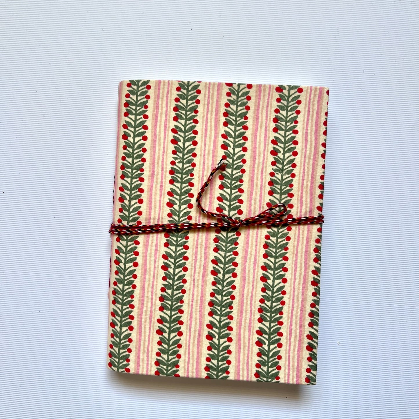 Berry Stripe Pink Diary, 4 by 6 inch handmade fabric cover – front cover view