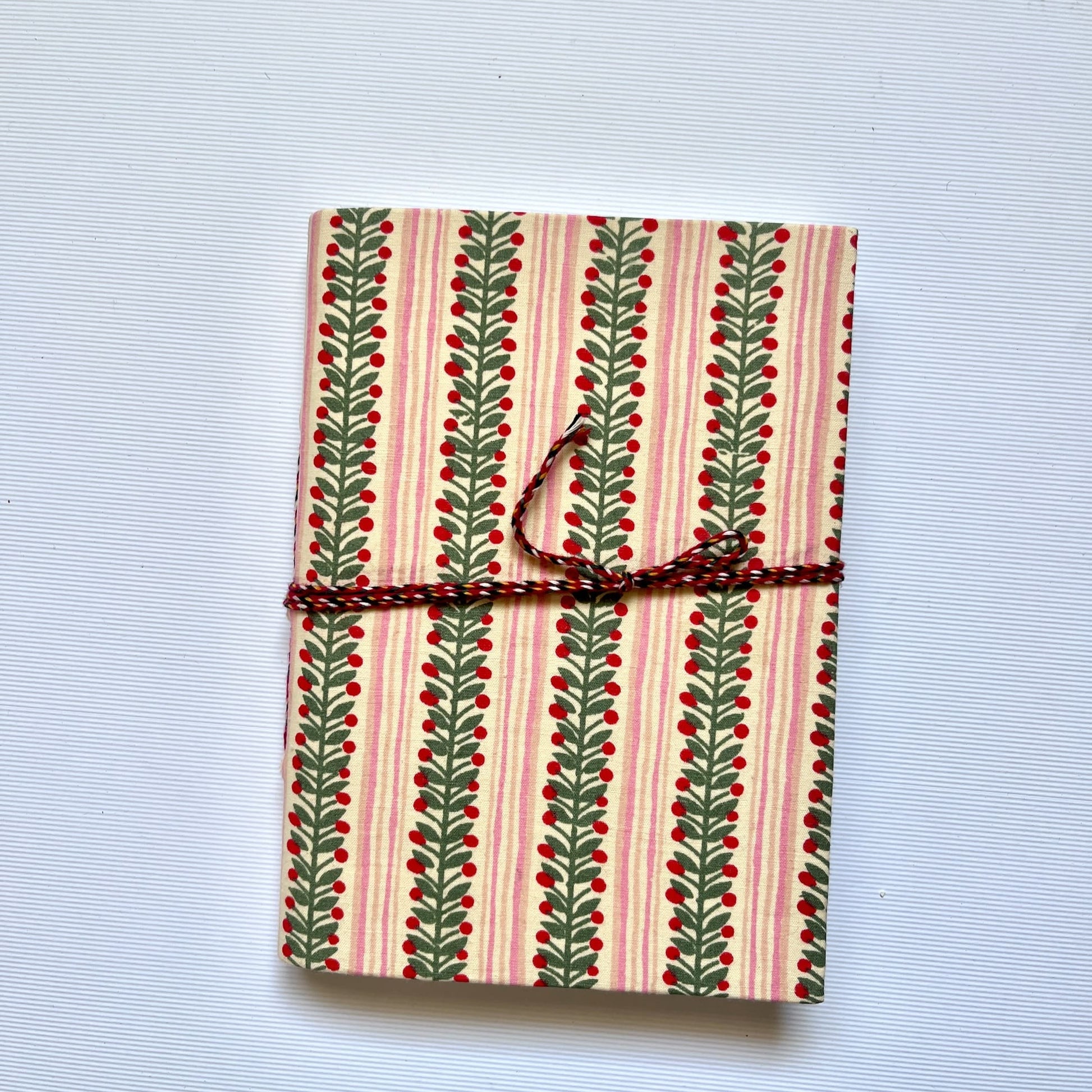Berry Stripe Pink Diary, 4 by 6 inch handmade fabric cover – front cover view