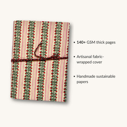 Berry Stripe Pink Diary showing fabric cover and handmade paper details