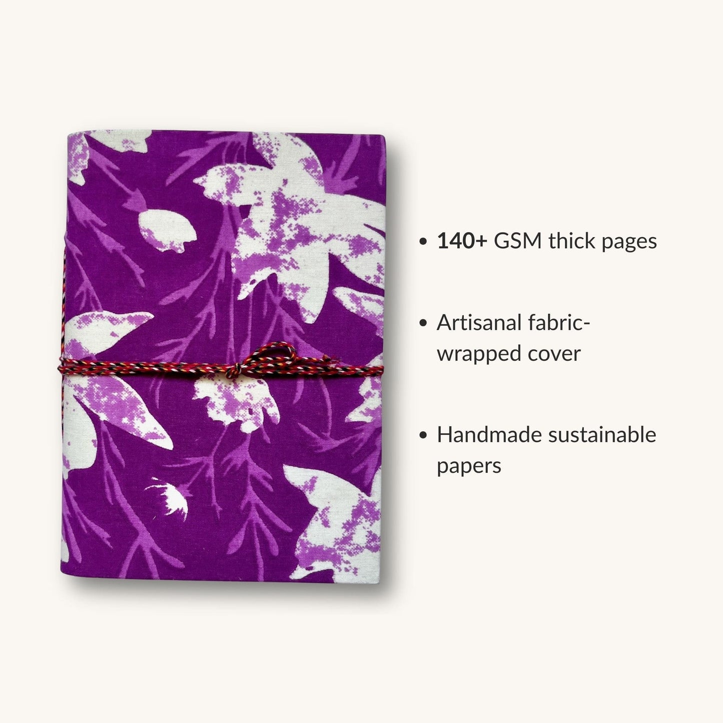Floral Silhouette Purple Diary showing fabric cover and handmade paper details