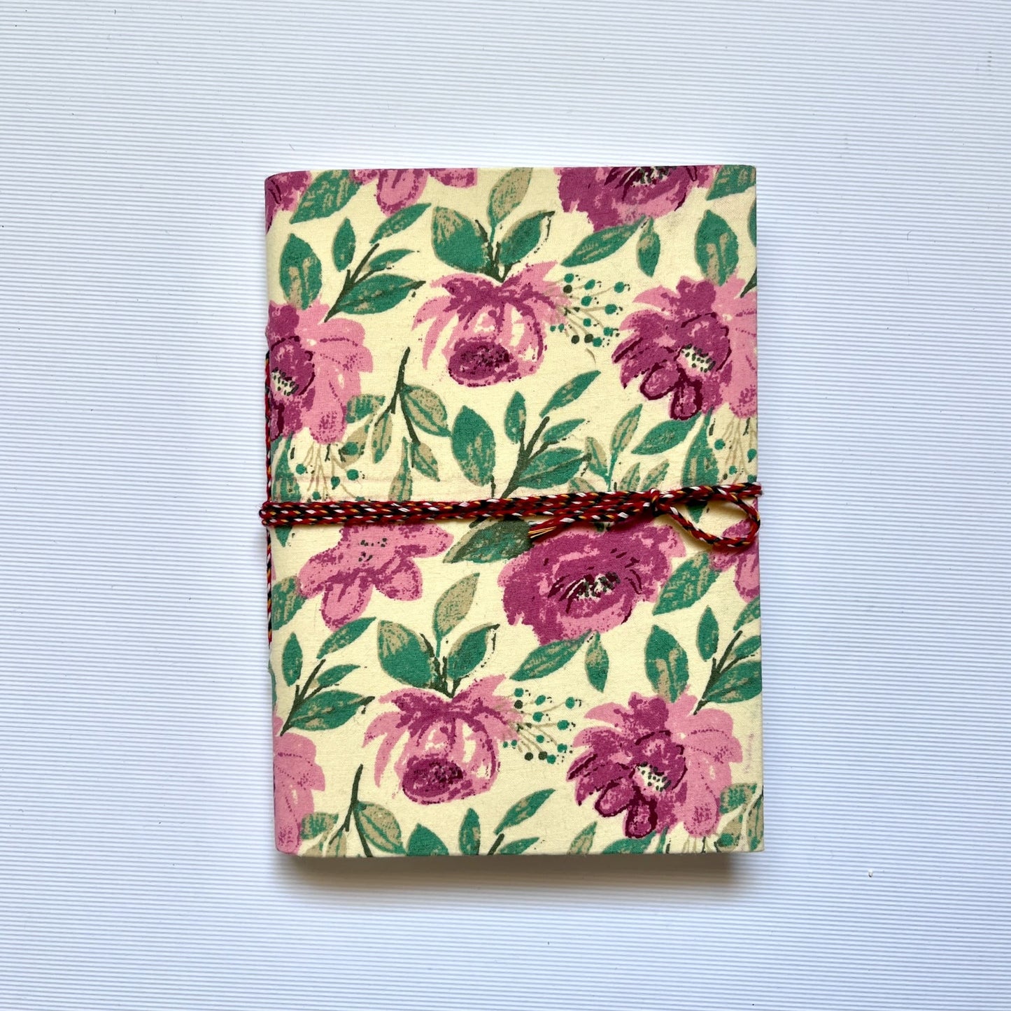 Soft Botanical Pink Diary, 5 by 7 inch handmade fabric cover – front cover view