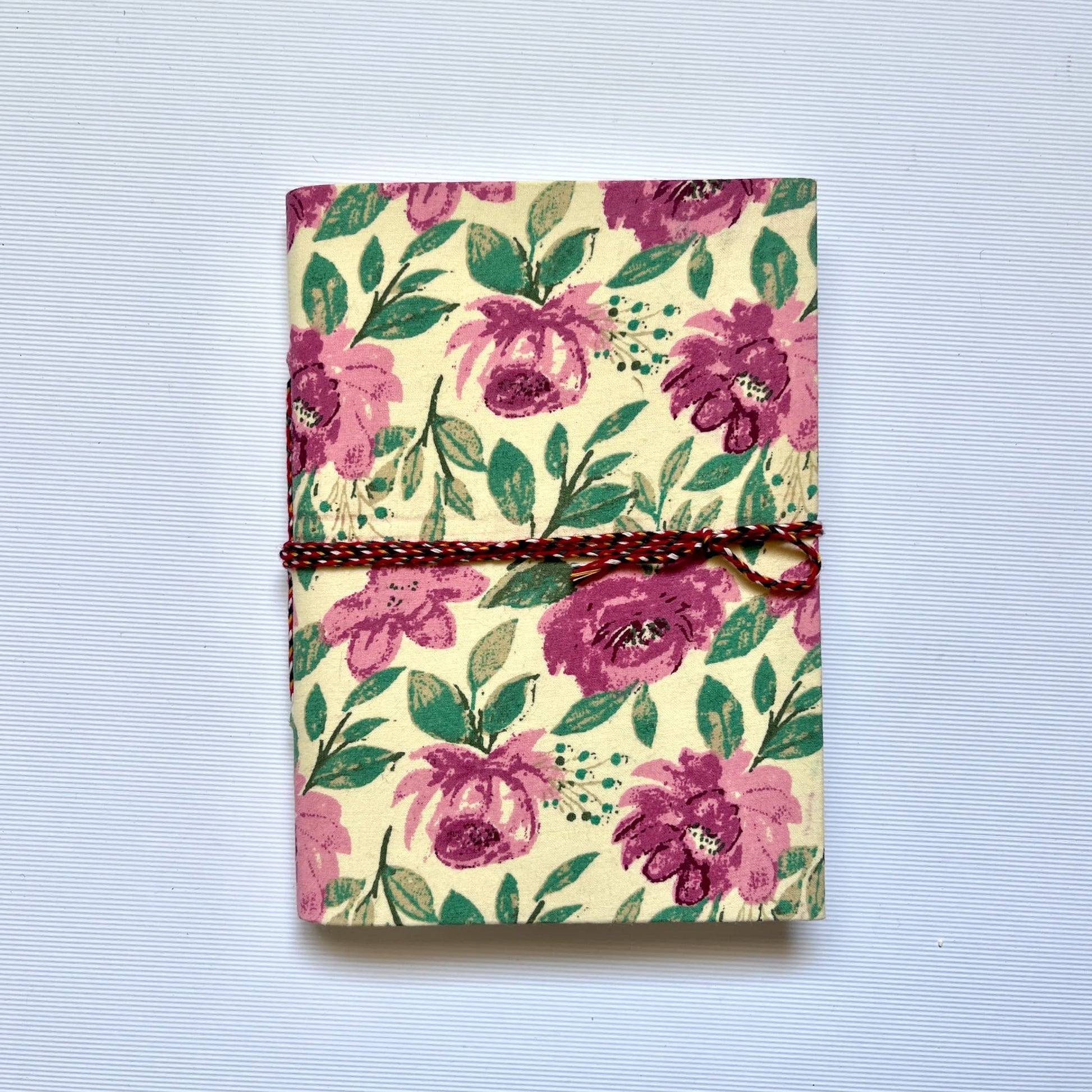 Soft Botanical Pink Diary, 5 by 7 inch handmade fabric cover – front cover view