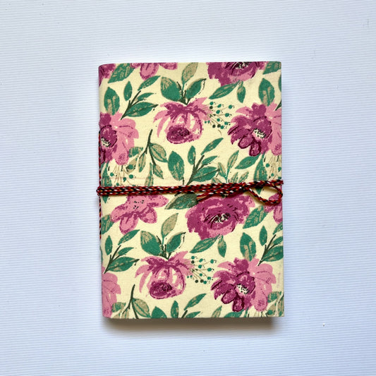 Soft Botanical Pink Diary, 5 by 7 inch handmade fabric cover – front cover view