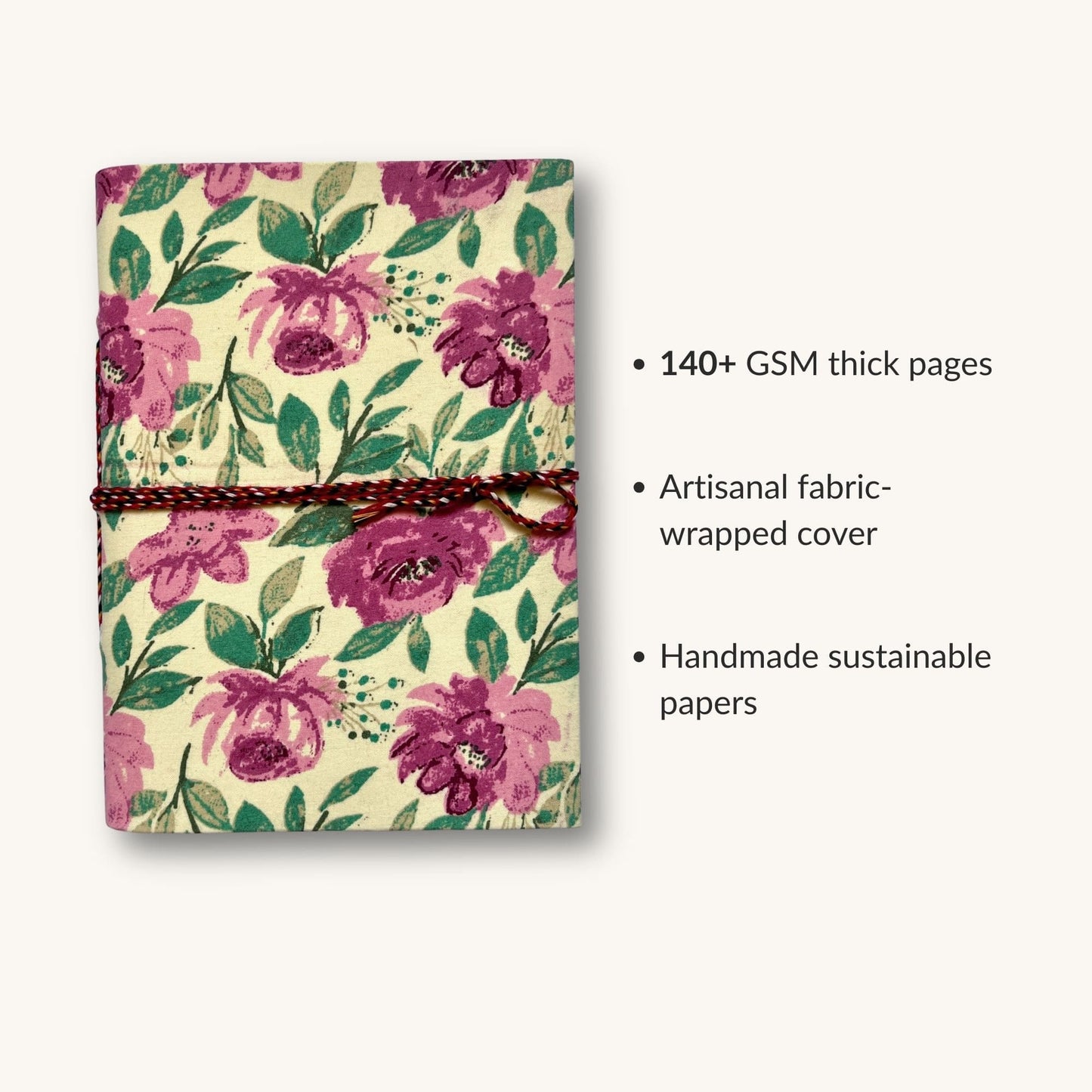 Soft Botanical Pink Diary showing fabric cover and handmade paper details