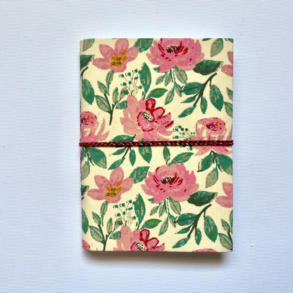 Garden Floral Pink Diary, 4 by 6 inch handmade fabric cover – front cover view