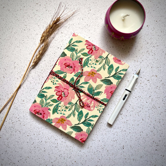 Garden Floral Pink Diary styled flatlay with writing accessories