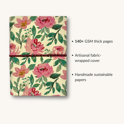 Garden Floral Pink Diary showing fabric cover and handmade paper details