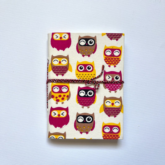 Owl Print Red Diary, 4 by 6 inch handmade fabric cover – front cover view