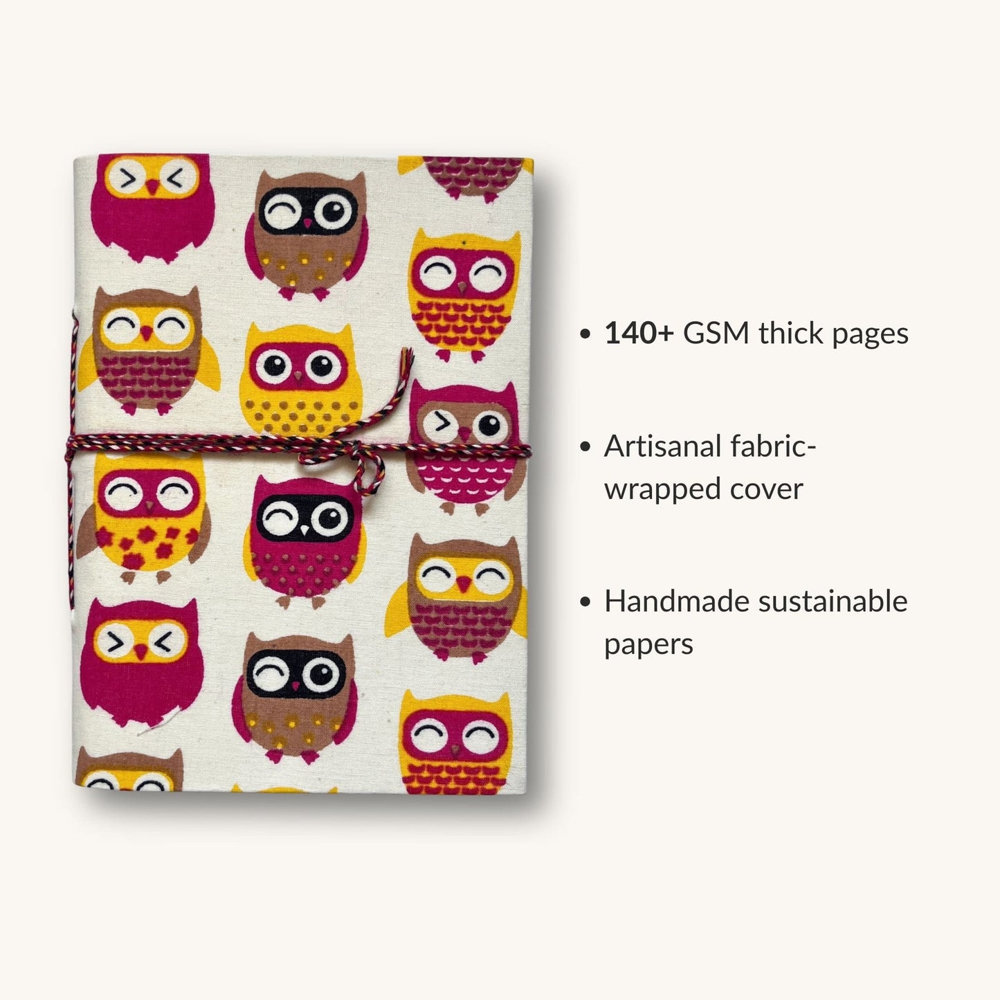 Owl Print Red Diary showing fabric cover and handmade paper details