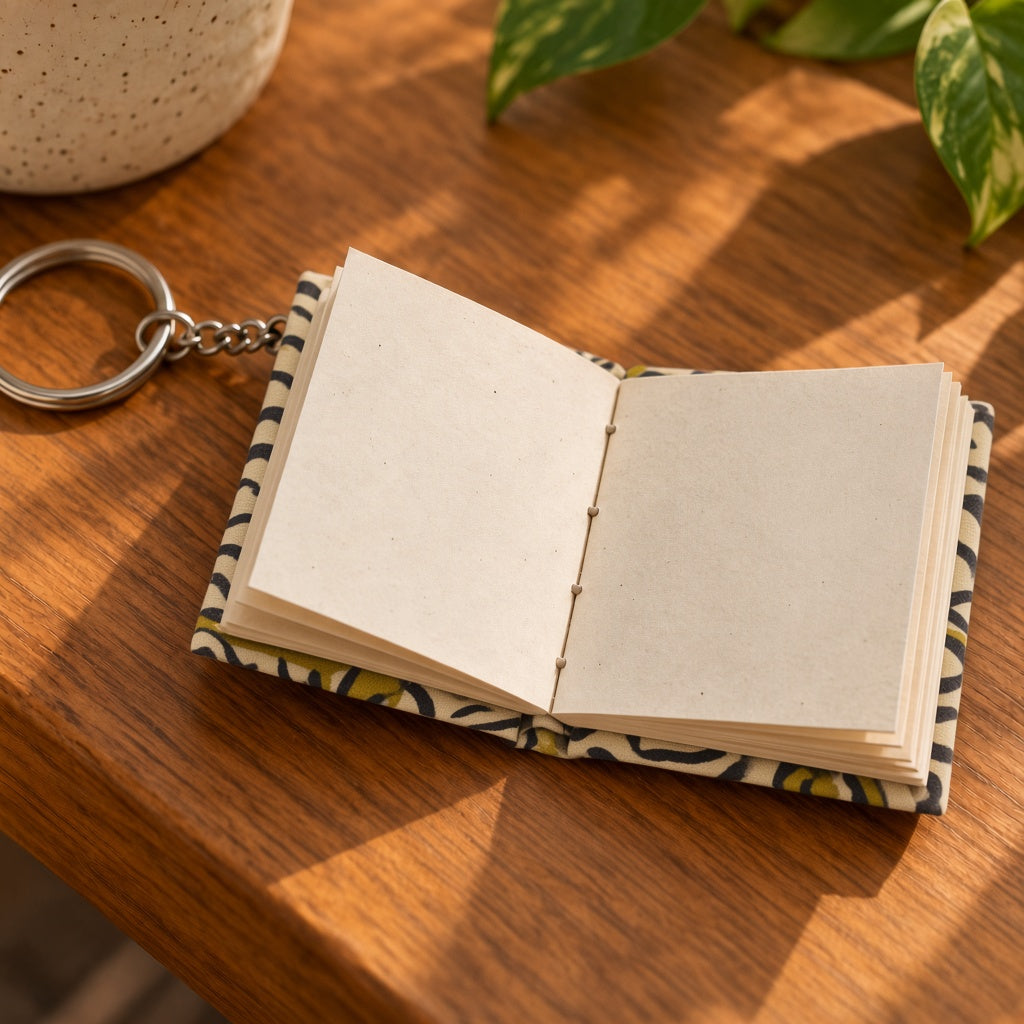 Off-white Fish keychain diary opened to show handmade paper pages