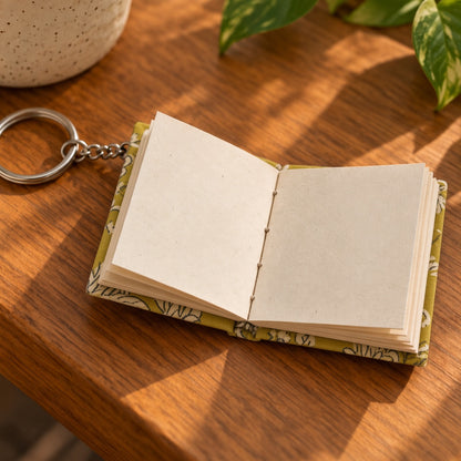 Green Floral keychain diary opened to show handmade paper pages